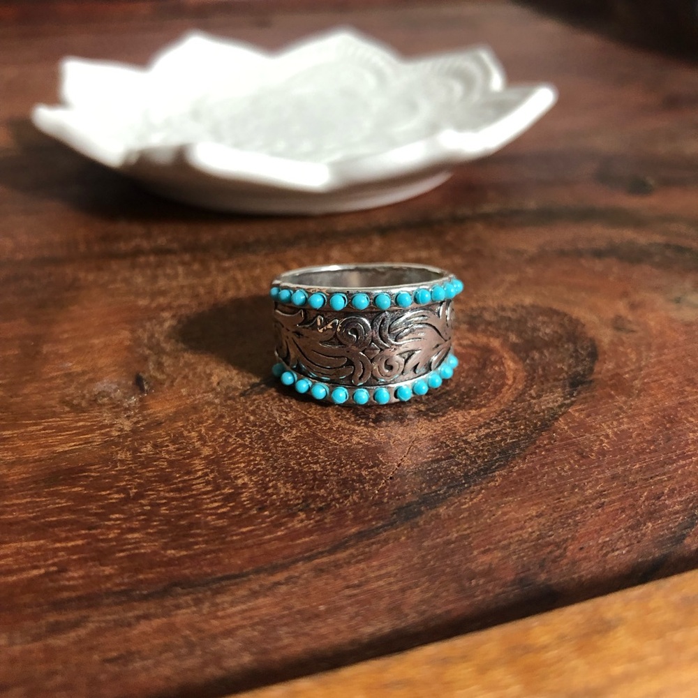 Retro Bohemian Carved Pattern Blue Synthetic Gems Beads Alloy Wide Ring Size 8